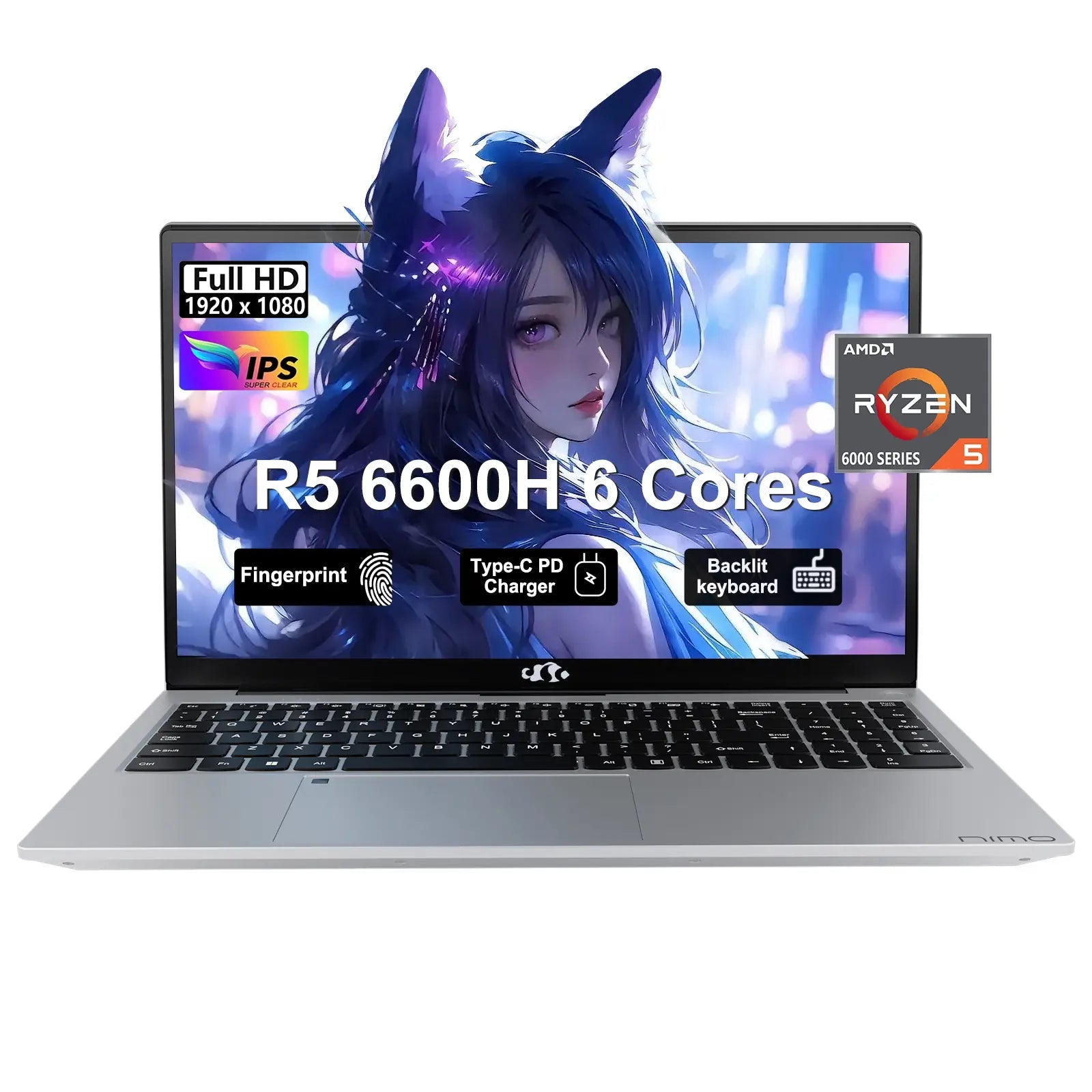 Nimo 15.6'' FHD IPS Business Gaming Laptop, AMD Ryzen 5 6600H, 6-Cores, 100W Type-C, Fingerprint, Backlit Keyboard, Numpad