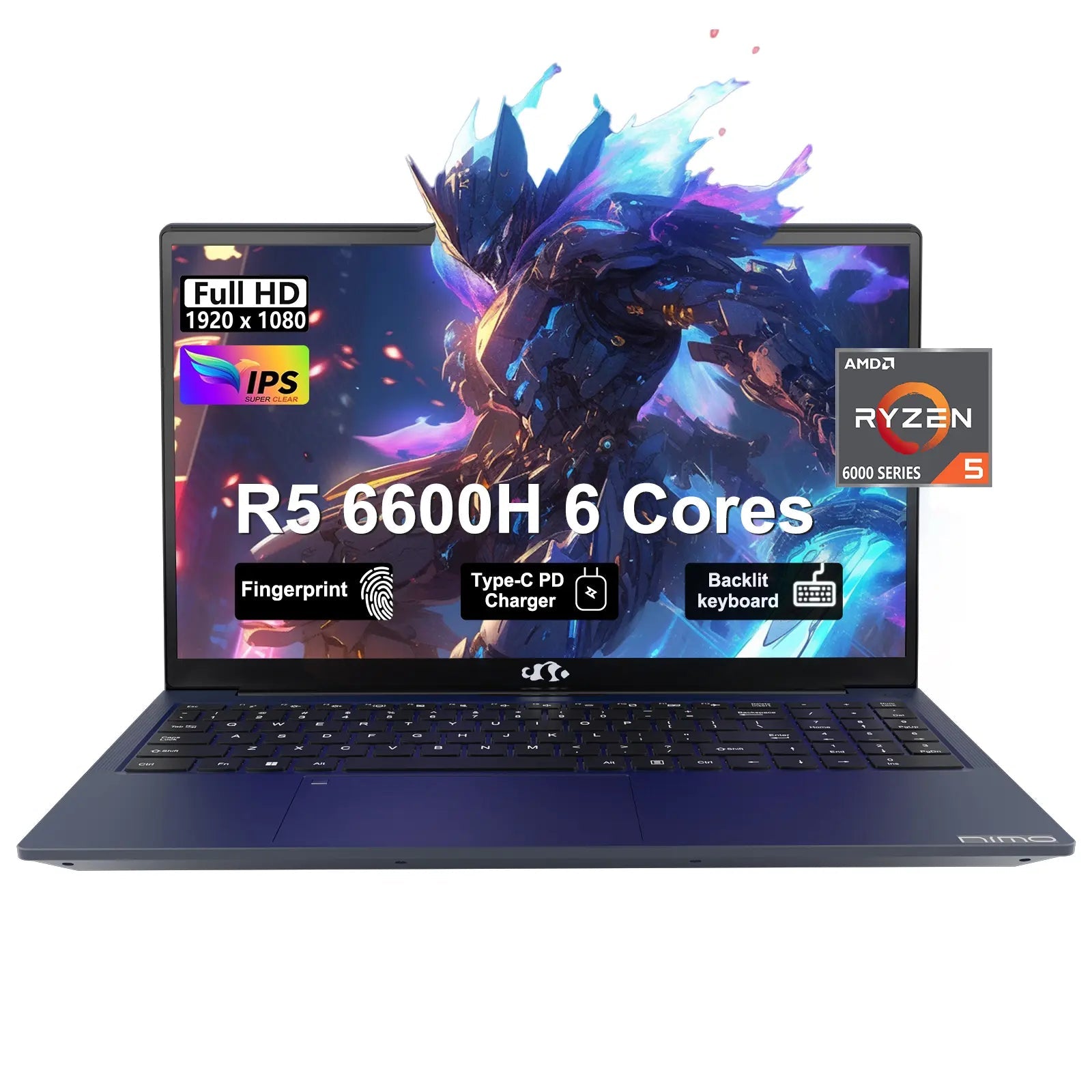 Nimo 15.6'' FHD IPS Business Gaming Laptop, AMD Ryzen 5 6600H, 6-Cores, 100W Type-C, Fingerprint, Backlit Keyboard, Numpad